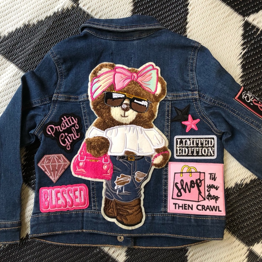 Adorable Girls “Lil’ Ms. Shopa-Bear” Denim Jacket By STORY PATCH’D! Personalize!